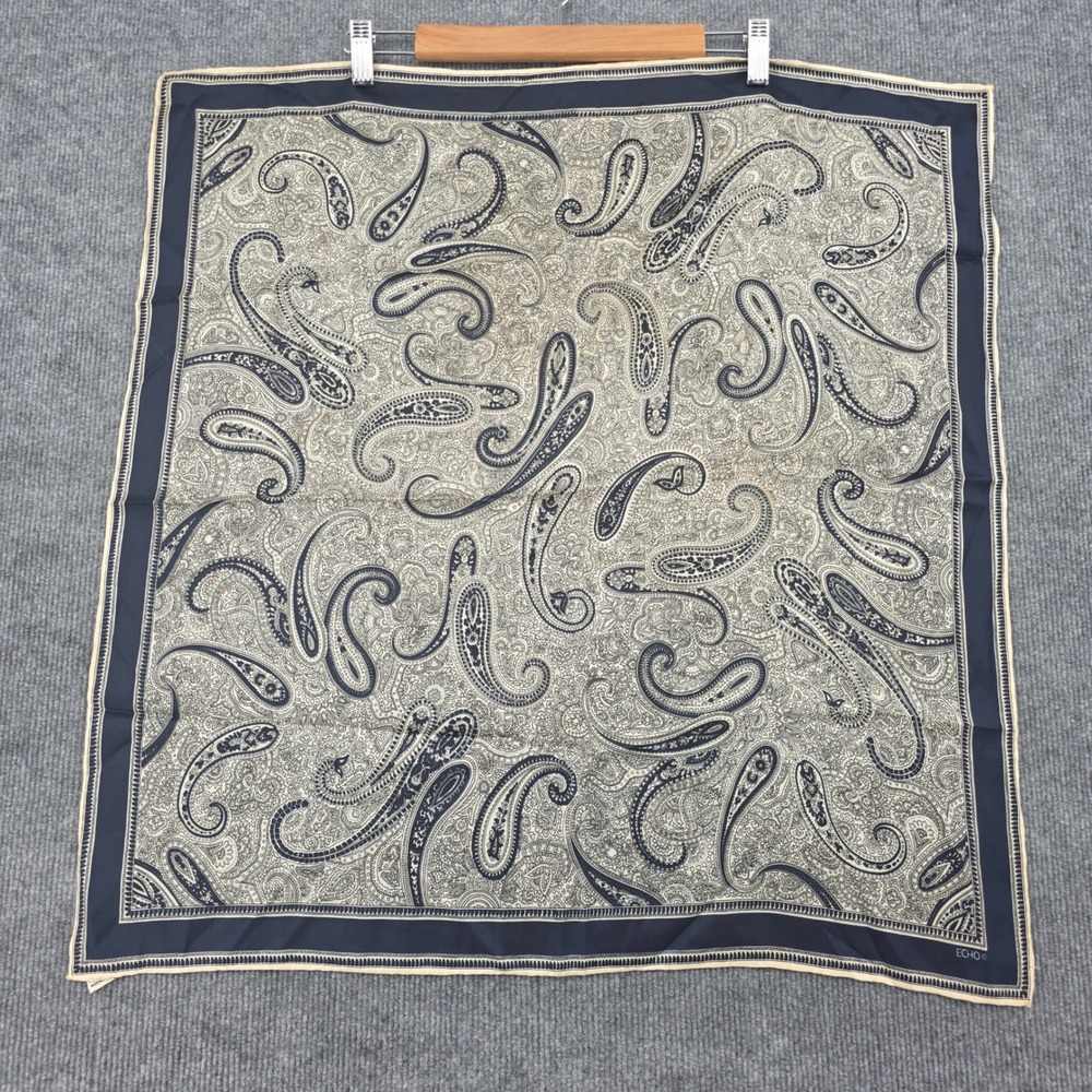 Echo Vintage Navy Blue Cream Paisley Silk Blend Square Scarf Made in Japan